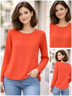 DANIEL CREMIEUX Georgette Carrer Blouse Long Sleeve Back Zip Round Neck Orange